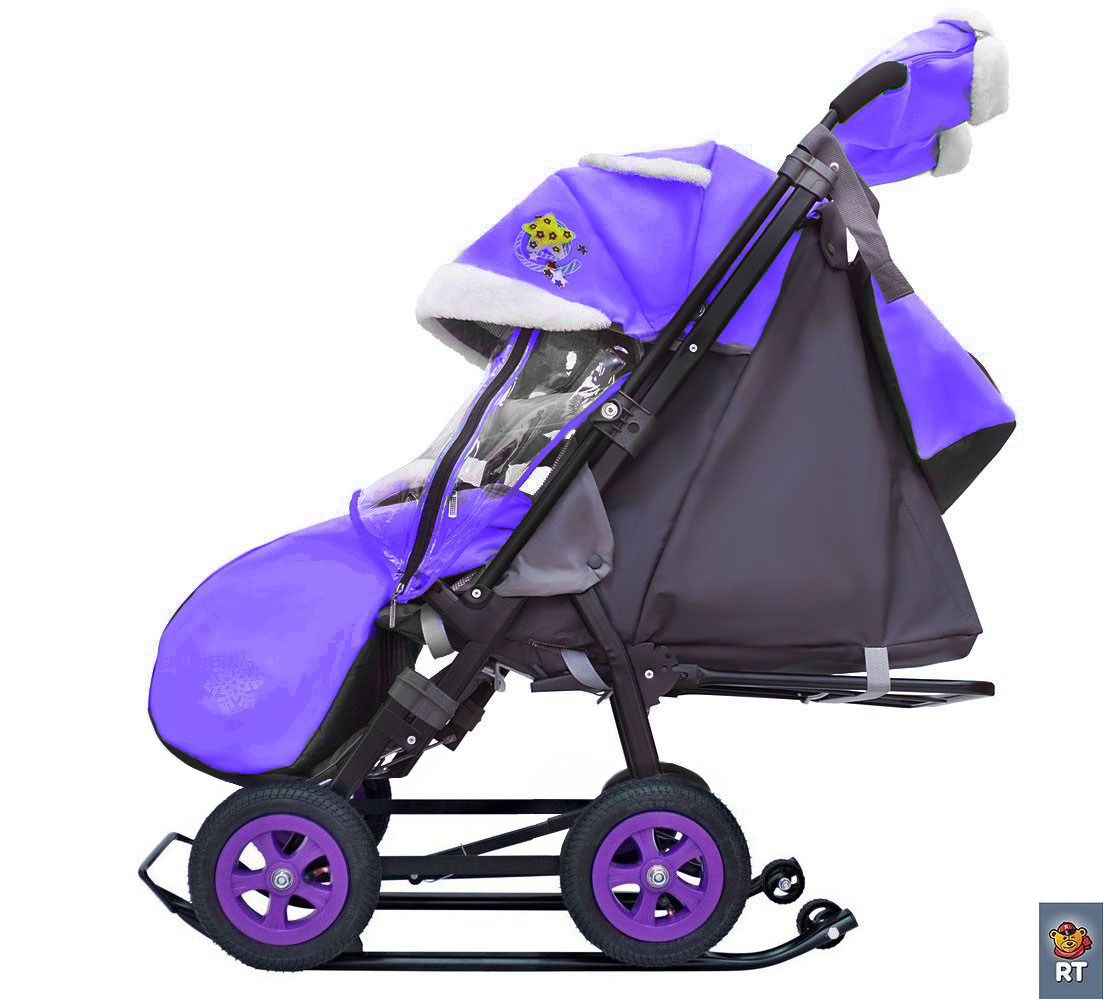 Санки-коляска Snow Galaxy City-2, дизайн - Серый Зайка на фиолетовом, на больших колёсах Ева, сумка и варежки  